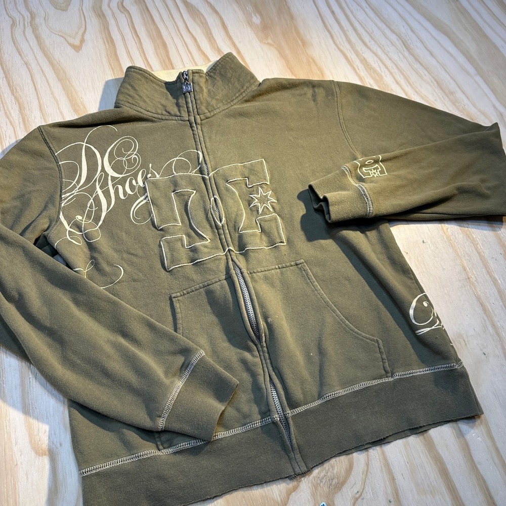 DC Shoes XL Womens Olive Green Y2K Skater Graphic Full Zip Sweatshirt Jacket